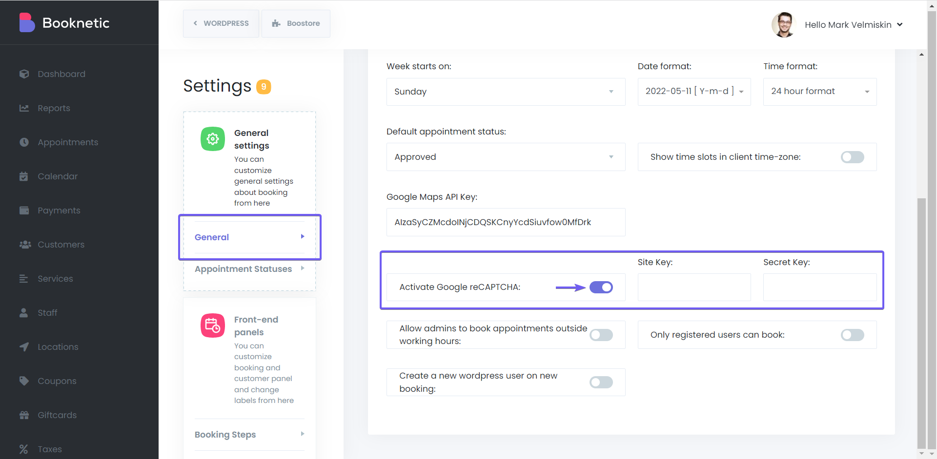 How to configure Google ReCaptcha in appointment booking plugin?